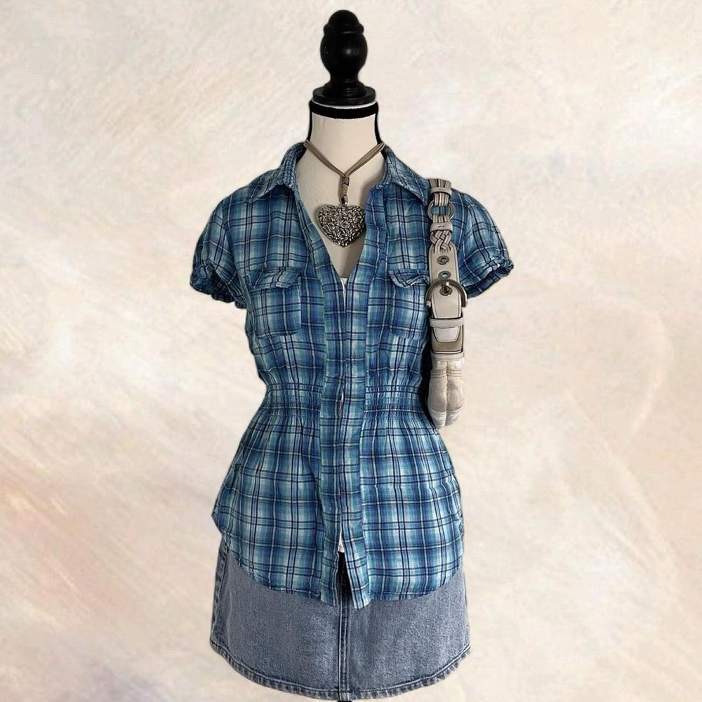 Guess Blue and White Plaid Blouse